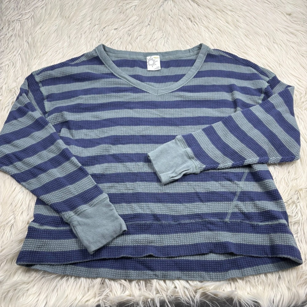 Aerie Women's M Green Blue Striped Oversized Waffle Knit Top Cozycore Lounge